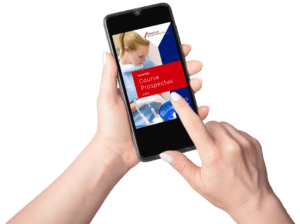 CourseProspectus_MobileInHands A pair of hands holding a mobile phone, browsing the Harriet Ellis Course Prospectus.